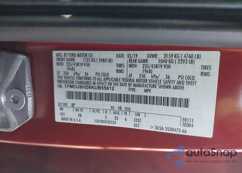 2019 Ford Escape Sel from USA, damaged, VIN 1FMCU9HD8KUB55612